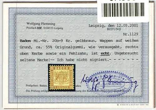 Baden 20 b mit Falz Befund Flemming BPP #JR550