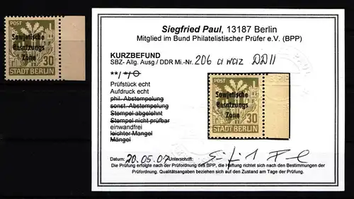 SBZ 206 wa z DD II postfrisch Kurzbefund Paul BPP #JU425