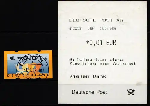 BRD Bund Automatenmarken 4.1 RS1 gestempelt mit Quittung, Ersttagsstempel #JM928