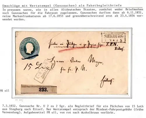 Preußen Ganzsache U2 von 1852 als Paketbegleitbrief aus Siegburg #IB624