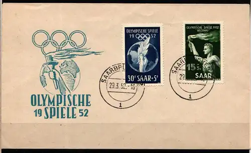 Saarland 314-315 gestempelt auf FDC, Olympische Spiele 1952 #JZ889