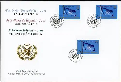 UNO Trio Brief 70 Friedensnobelpreis 2001 Ersttagesbrief/FDC #KA123