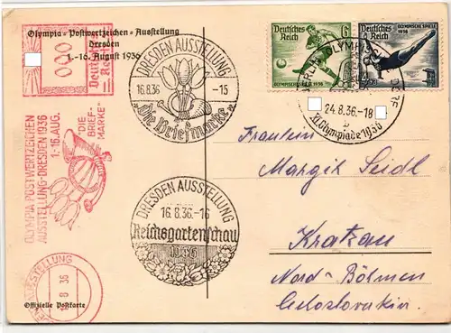 Deutsches Reich W105 auf Postkarte Dresden Olympia Ausstellung #JX229