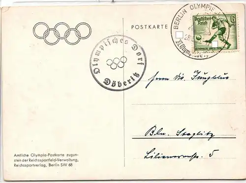 Deutsches Reich 611 auf Postkarte Reichssportfeld Grunewald #JX226