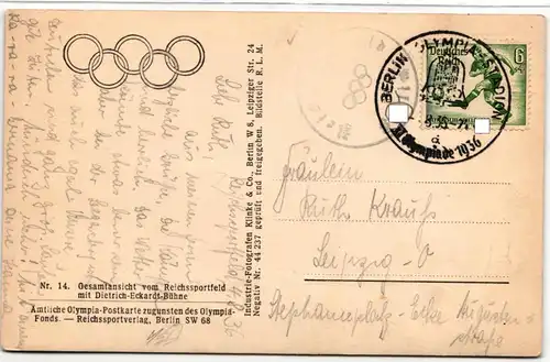 Deutsches Reich 611 auf Postkarte Sommer-Olympiade #JX262