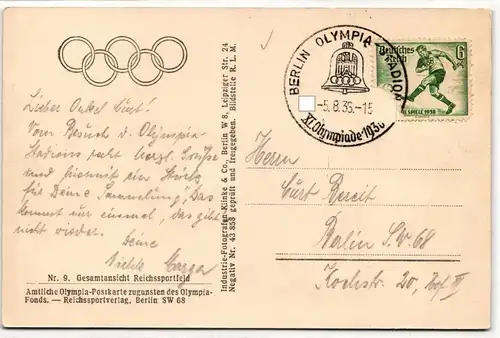 Deutsches Reich 611 auf Postkarte Sommer-Olympiade #JX263