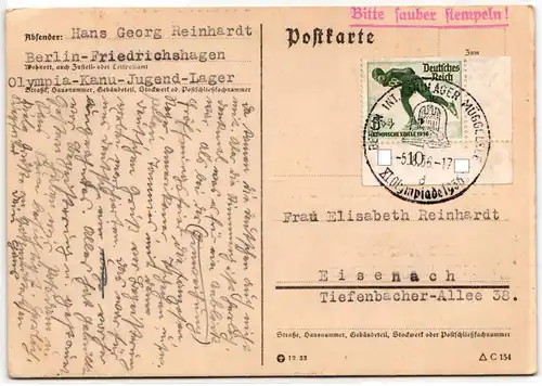 Deutsches Reich 600 auf Postkarte Sommer Olympiade #JX344
