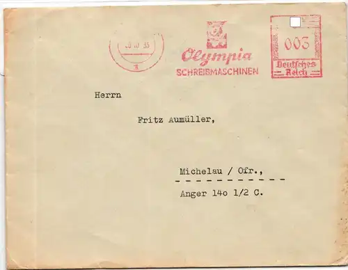 Deutsches Reich auf Brief Olympia Schreibmaschinen #JX365