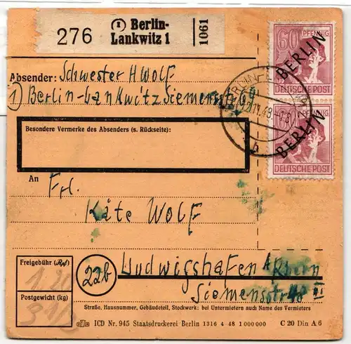 Berlin 14 auf Brief als Mehrfachfrankatur Paketkarte #JX585