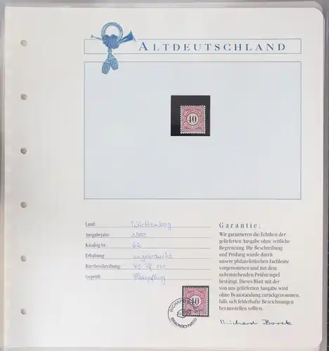 Württemberg 62 mit Falz auf Borekseite + Garantie #JX546