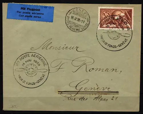 Schweiz 181 gestempelt auf Brief Luftpost Chaux-de-Fonds nach Genf #KB964
