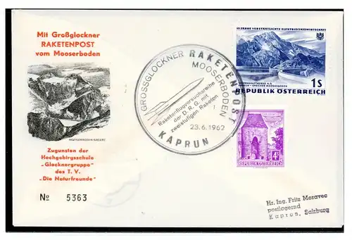 Österreich Raketenpost Grossglockner Mooserboden der D.R.G. 23.6.192 #KB511