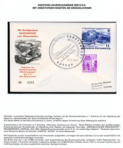 Österreich Raketenpost Grossglockner Mooserboden der D.R.G. 23.6.192 #KB511