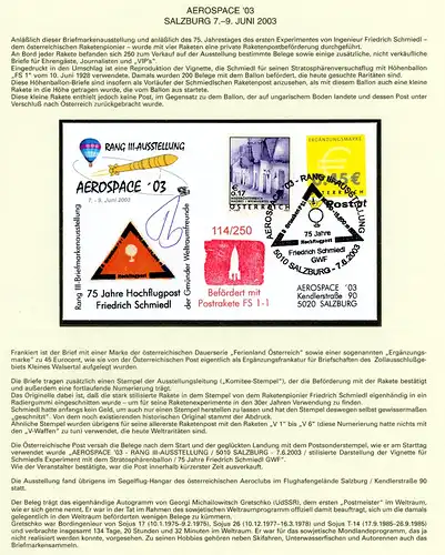 Raketenpost anlässlich Aerospace '03 Salzburg Radiergummistempel #KB510