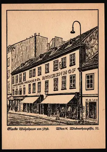 Österreich 744 gestempelt auf Postkarte Wien C. W. von Glucks Wohnhaus #JU650