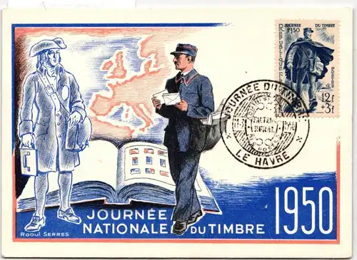 Frankreich auf Postkarte Briefmarkenausstellung Paris 1950, blau #KD268