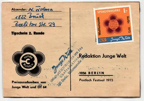DDR Spendenmarke auf Postkarte Tippschein "Junge Welt". #KD354