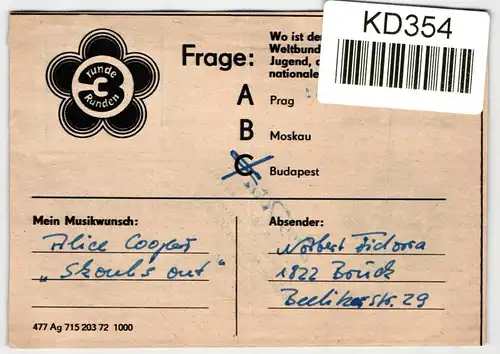 DDR Spendenmarke auf Postkarte Tippschein "Junge Welt". #KD354