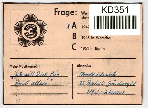 DDR Spendenmarke auf Postkarte Tippschein "Junge Welt". #KD351