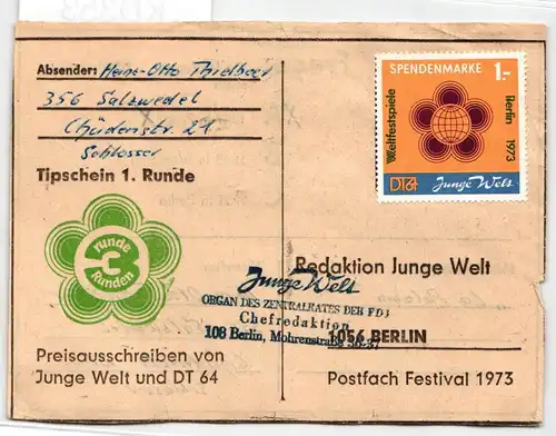 DDR Spendenmarke auf Postkarte Tippschein "Junge Welt". #KD353