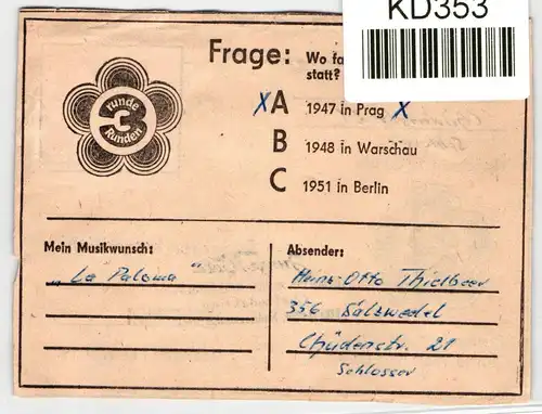 DDR Spendenmarke auf Postkarte Tippschein "Junge Welt". #KD353