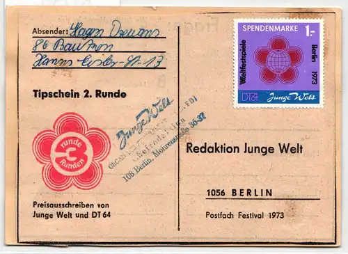 DDR Spendenmarke auf Postkarte Tippschein "Junge Welt". #KD352