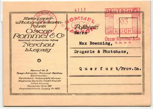 Deutsches Reich auf Postkarte Freistempler Oscar Rommel & Co. #KD544