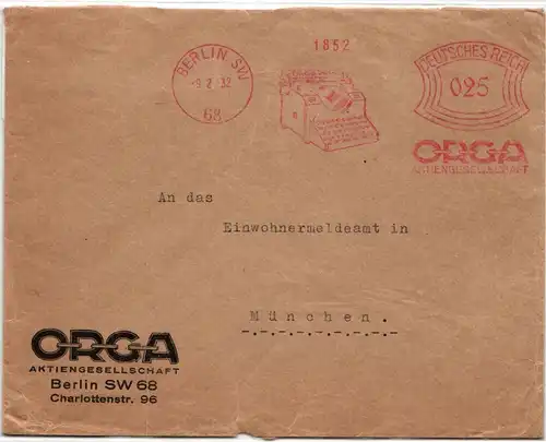 Deutsches Reich auf Brief Freistempler ORGA Aktiengesellschaft #KD529