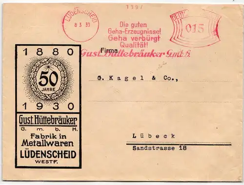 Deutsches Reich auf Brief Gustav Hüttebräuker G.m.b.H. #KD537