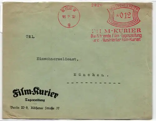 Deutsches Reich auf Brief Freistempler Film Kurier #KD546