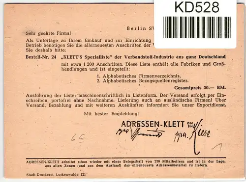 Deutsches Reich auf Brief Freistempler Klett GmbH #KD528