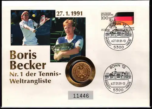 Bund Numisbrief gestempelt Boris Becker mit 1 D-Mark #KE675