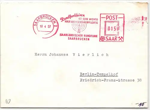 Saarland auf Brief Freistempler Saarländischer Rundfunk #KD672