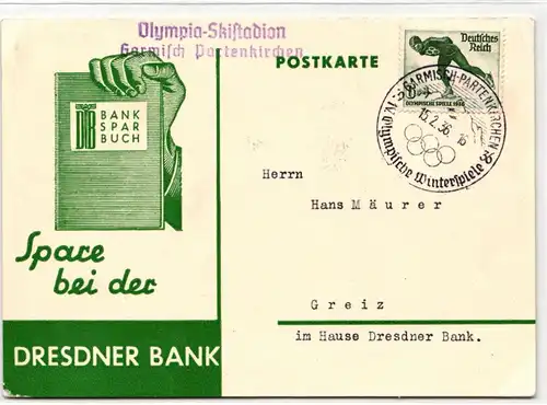 Deutsches Reich 600 auf Postkarte Winter-Olympiade #JX423