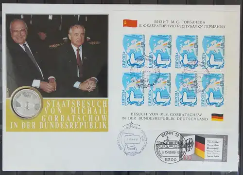 BRD Bund 1421 auf Brief mit versilberter Medaille, Besuch Gorbatschow #KD858