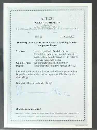 Hamburg priv. Nachdruck der 2 1/2 Schilling postfrisch kpl Bogen, Attest #KE234