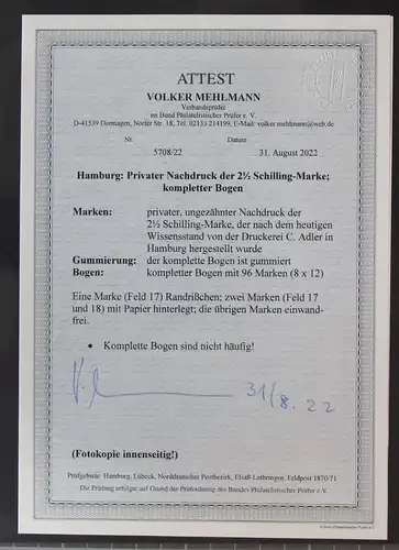 Hamburg priv. Nachdruck der 2 1/2 Schilling postfrisch kpl Bogen, Attest #KE231