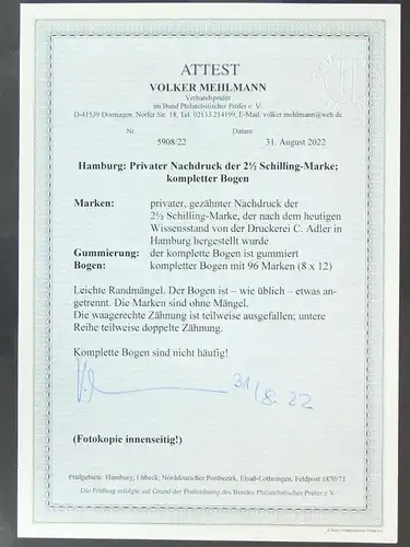 Hamburg priv. Nachdruck der 2 1/2 Schilling postfrisch kpl Bogen, Attest #KE233