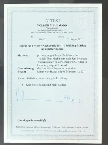 Hamburg priv. Nachdruck der 1 1/4 Schilling postfrisch kpl Bogen, Attest #KE235