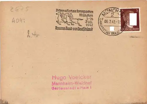 Deutsches Reich 762 auf Postkarte Maschinenstempel Reiten #KF885