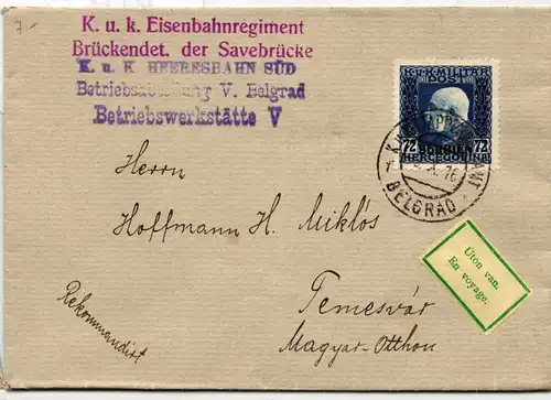 Österreich Feldpost Serbien 16 auf Brief als Einzelfrankatur #KH177