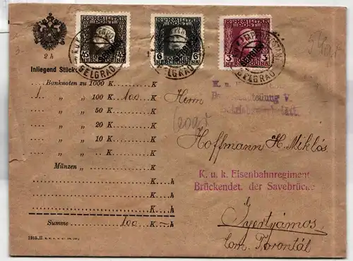 Österreich Feldpost Serbien 24, 26, 34 auf Brief als Mischfrankatur #KH178