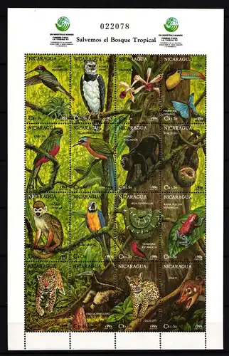 Nicaragua 3167-.3182 postfrisch Zusammendruckbogen / Wildtiere #IH156