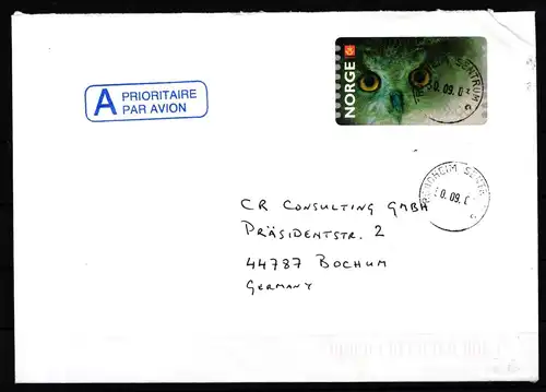 Norwegen Freimarke 5 gestempelt auf Brief, Eulen #KJ254