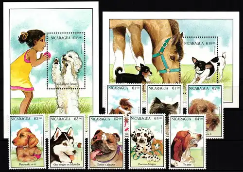 Nicaragua 3732-3739 + Block 256-257 postfrisch Hunde #JV217