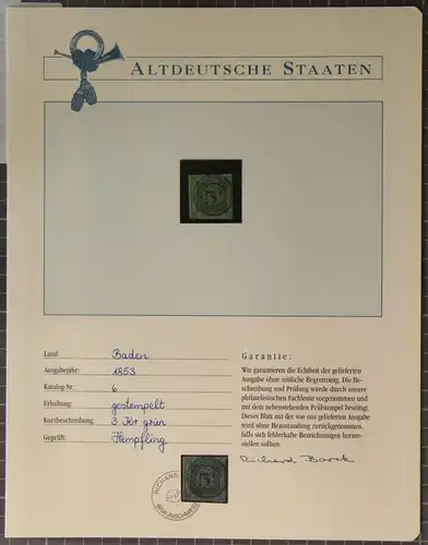 Baden 6 gestempelt mit Borek Garantie #KG745