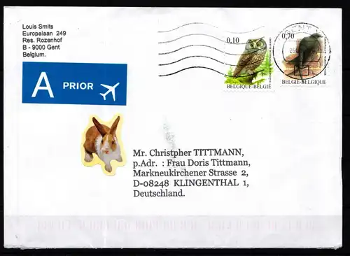 Belgien 3322, 3664 gestempelt auf Brief, Eulen #KJ368