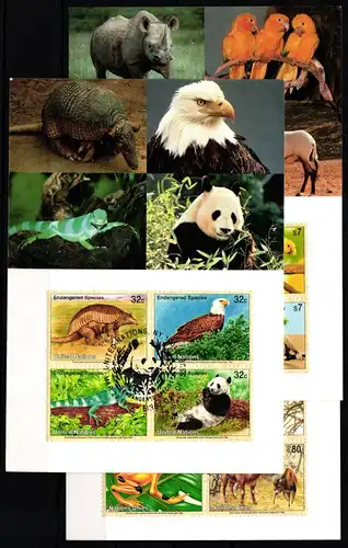 Vereinte Nationen 3 Viererblocks gestempelt als FDC, Eulen #KJ398