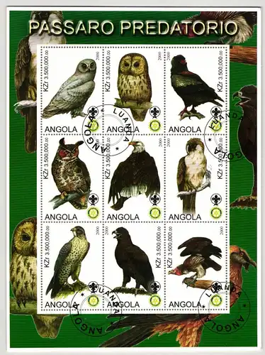 Angola Vögel aus Jahr 2000 gestempelt als Kleinbogen #KO849