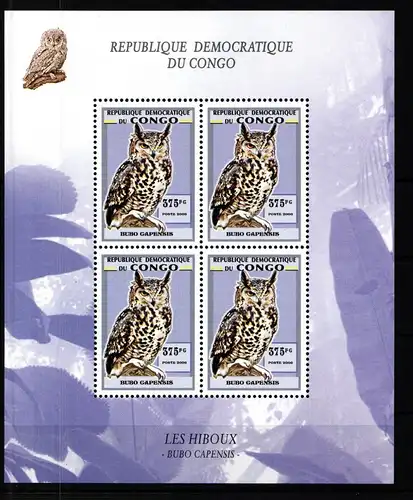 Kongo (Brazzaville) Eulen postfrisch als Kleinbogen, Eulen #KO880